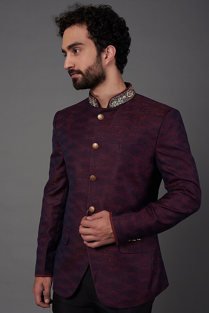 Maroon Textured Wedding Bandhgala Set by NAMAN AHUJA at Pernia's Pop Up Shop