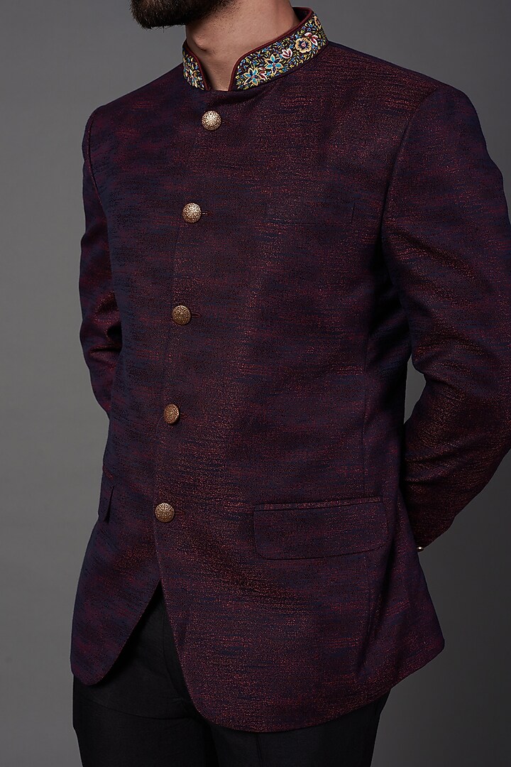 Maroon Textured Wedding Bandhgala Set by NAMAN AHUJA at Pernia's Pop Up Shop