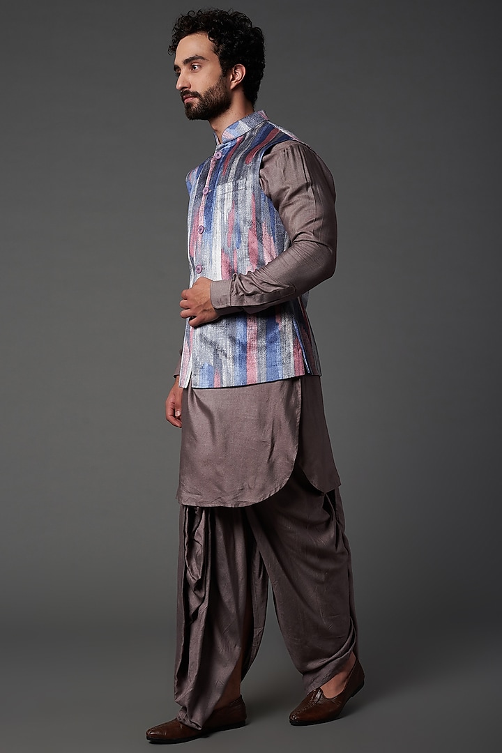 Multi-Colored Printed Bundi Jacket With Kurta Set by NAMAN AHUJA