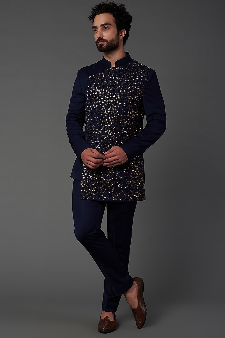 Navy Blue Embroidered Indo Western Set by NAMAN AHUJA