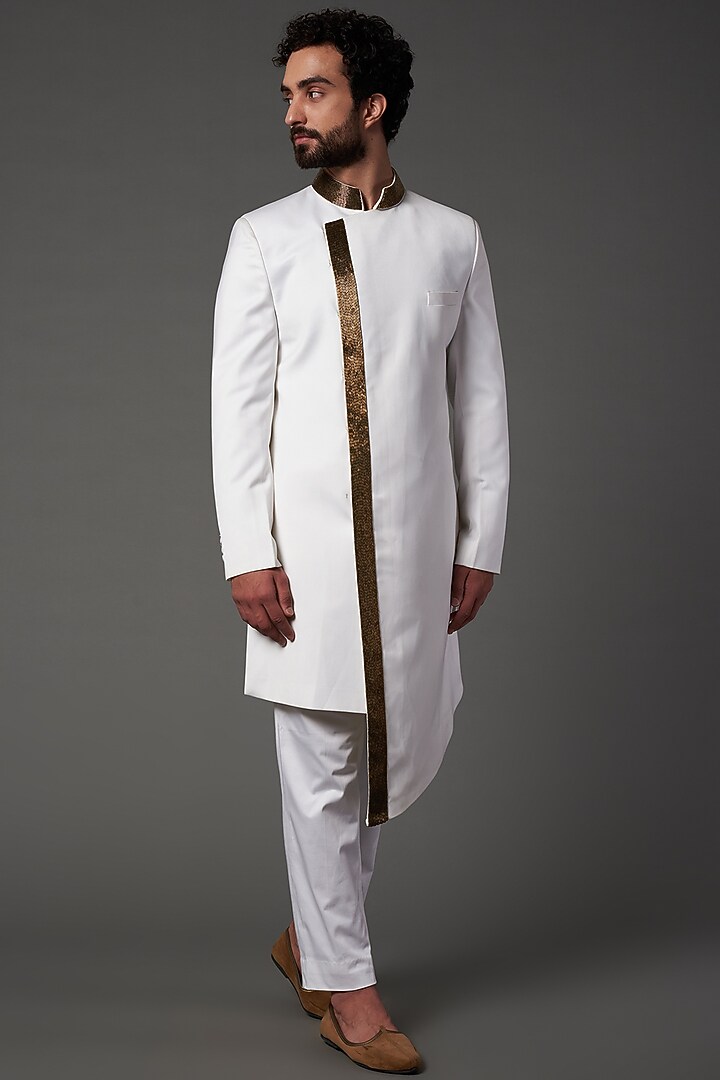 White Wool Embroidered Indo Western Set by NAMAN AHUJA at Pernia's Pop Up Shop