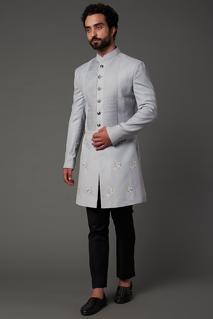 Silver Grey Embroidered Indo Western Set by NAMAN AHUJA