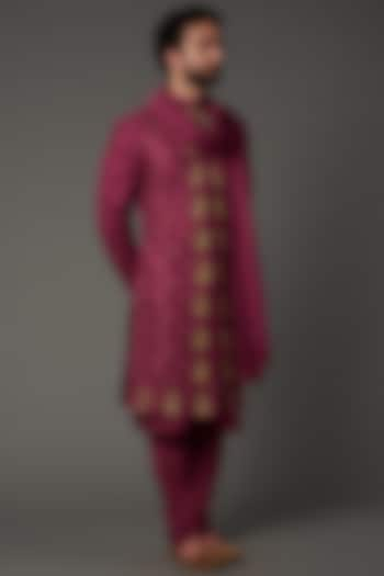 Pink Silk Embroidered Sherwani Set by NAMAN AHUJA