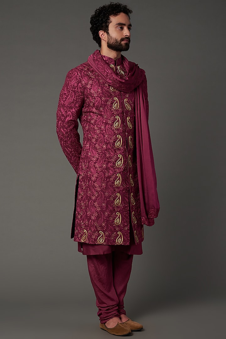 Pink Silk Embroidered Sherwani Set by NAMAN AHUJA