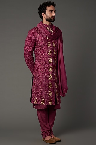 Pink Silk Embroidered Sherwani Set by NAMAN AHUJA
