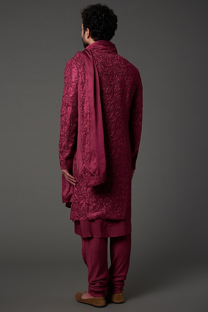 Pink Silk Embroidered Wedding Sherwani Set by NAMAN AHUJA at Pernia's Pop Up Shop