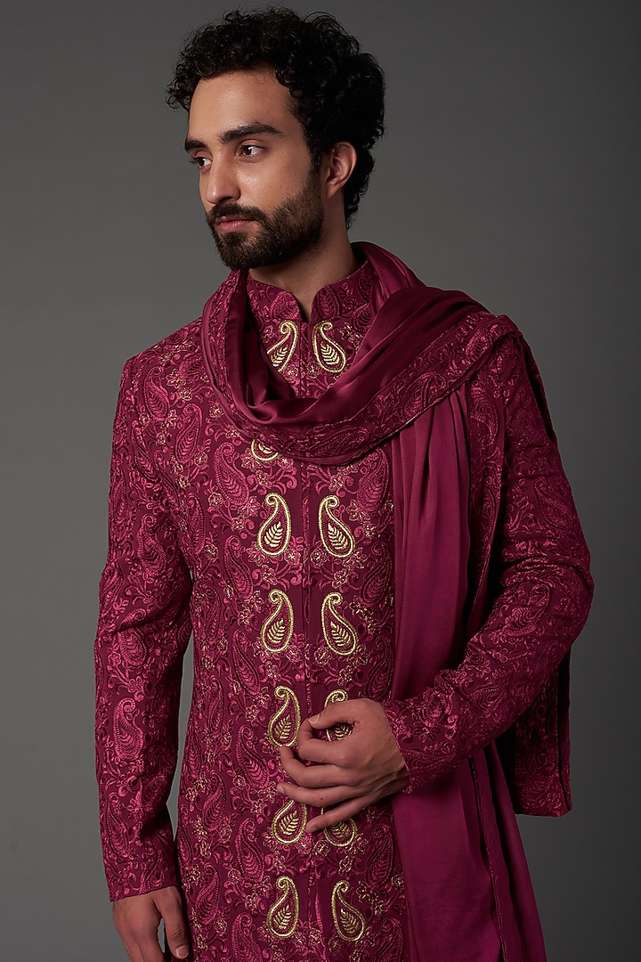 Pink Silk Embroidered Wedding Sherwani Set by NAMAN AHUJA at Pernia's Pop Up Shop