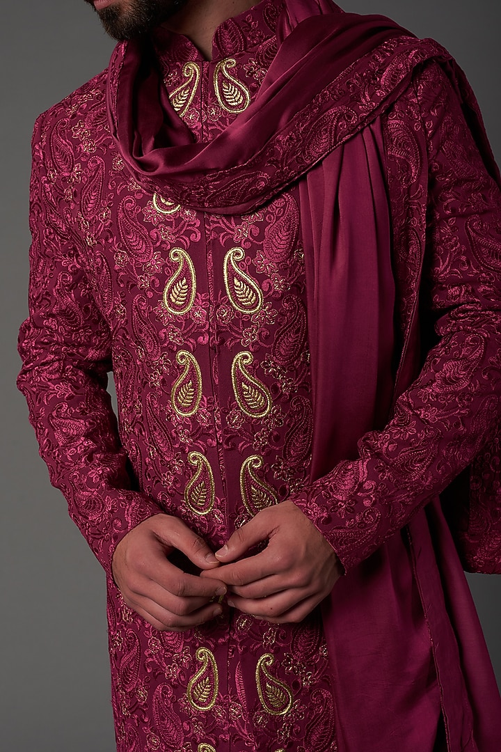 Pink Silk Embroidered Wedding Sherwani Set by NAMAN AHUJA at Pernia's Pop Up Shop