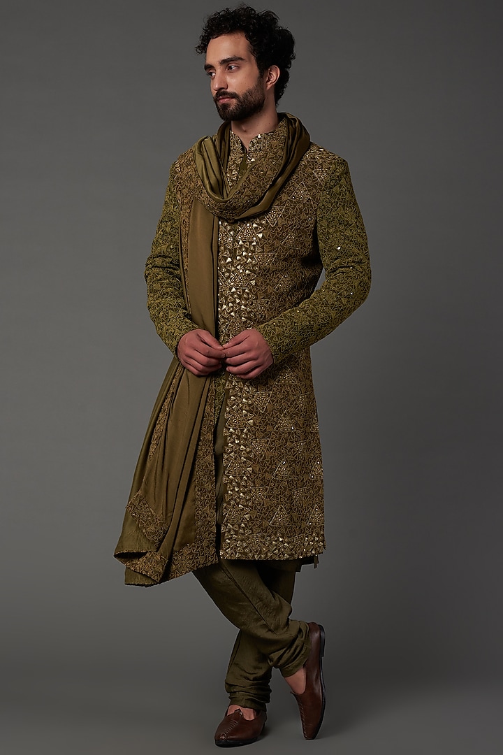 Olive Green Silk Embroidered Sherwani Set by NAMAN AHUJA