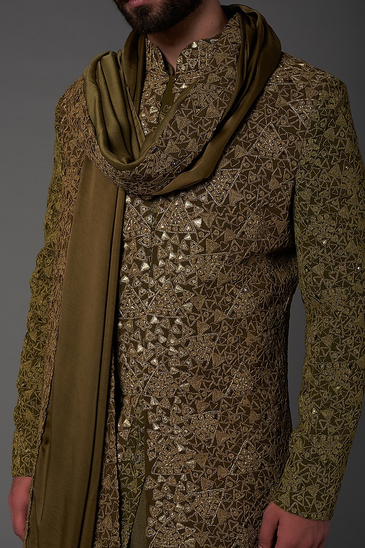 Light Green Silk Embroidered silver Dori Sherwani Set