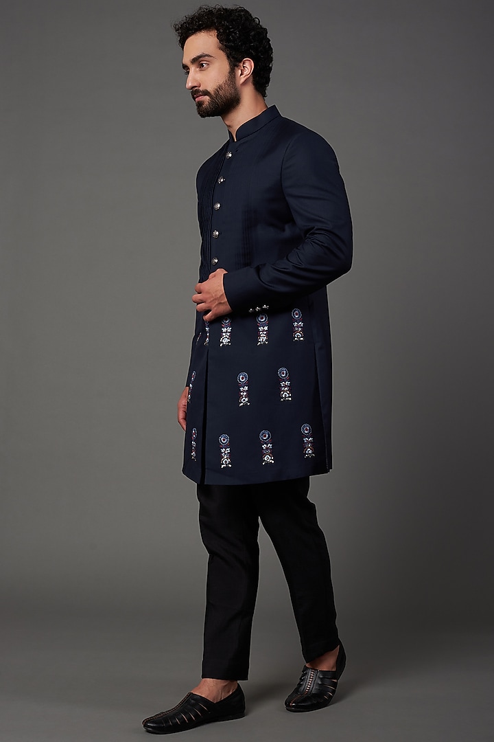 Navy Blue Suiting Indo-Western Jacket Set by NAMAN AHUJA at Pernia's Pop Up Shop