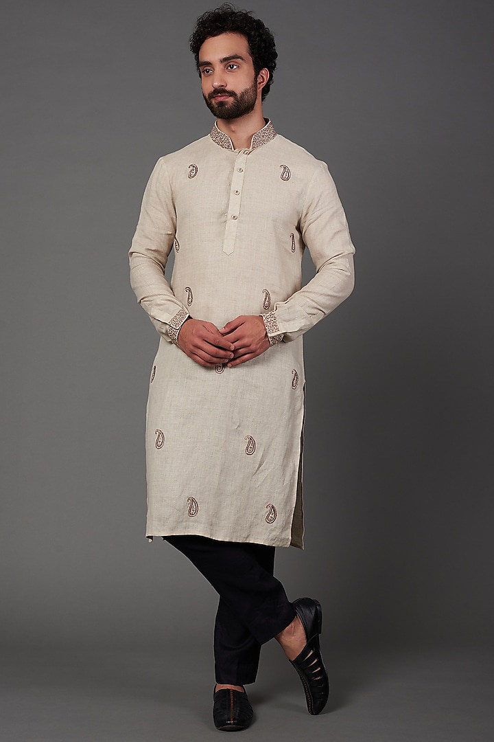 Natural Coloured Hand Embroidered Kurta Set by NAMAN AHUJA