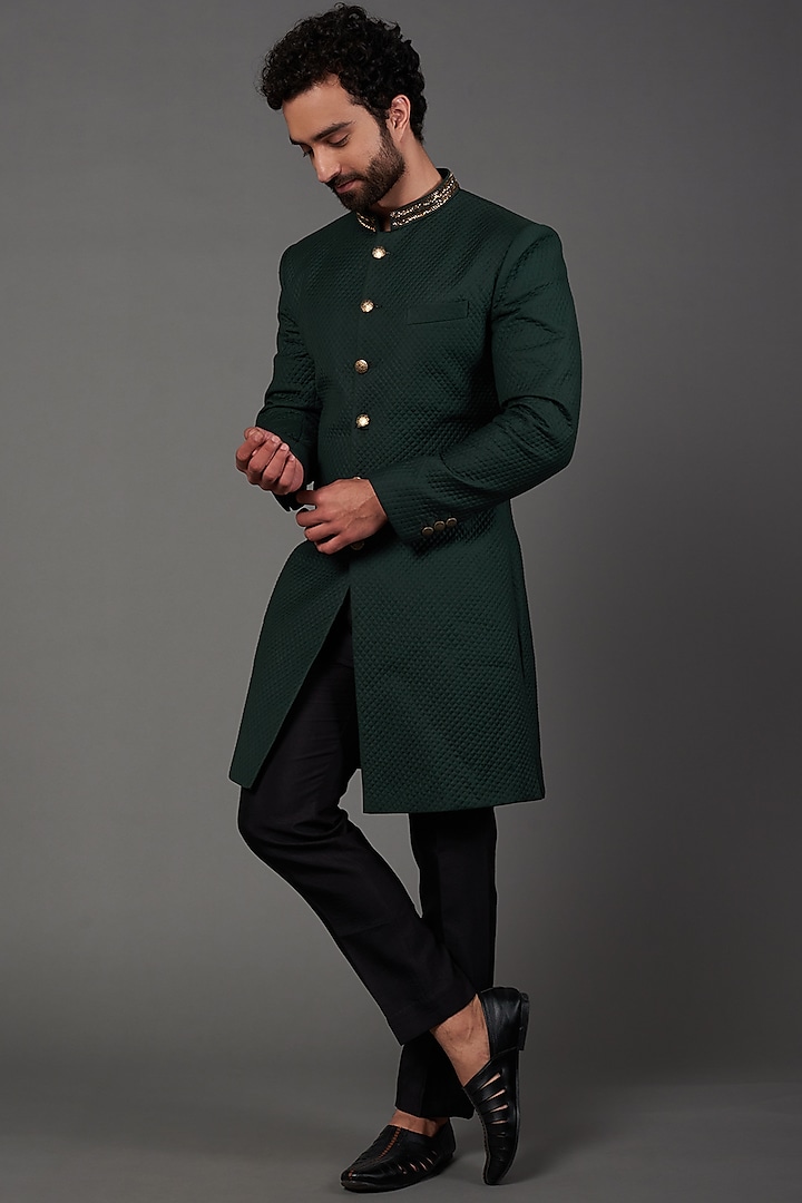 Green Suiting Indo-Western Jacket Set by NAMAN AHUJA