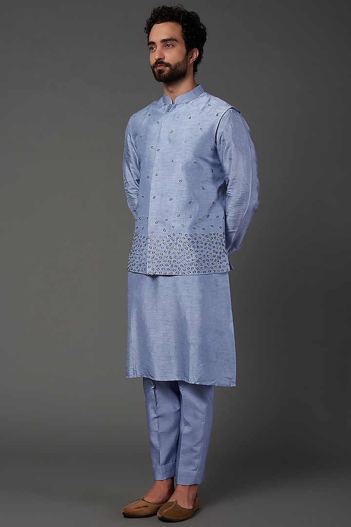 Aqua Blue Embroidered Bundi Jacket With Kurta Set by NAMAN AHUJA