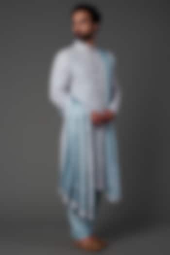 Light Blue Silk Embroidered Sherwani Set by NAMAN AHUJA