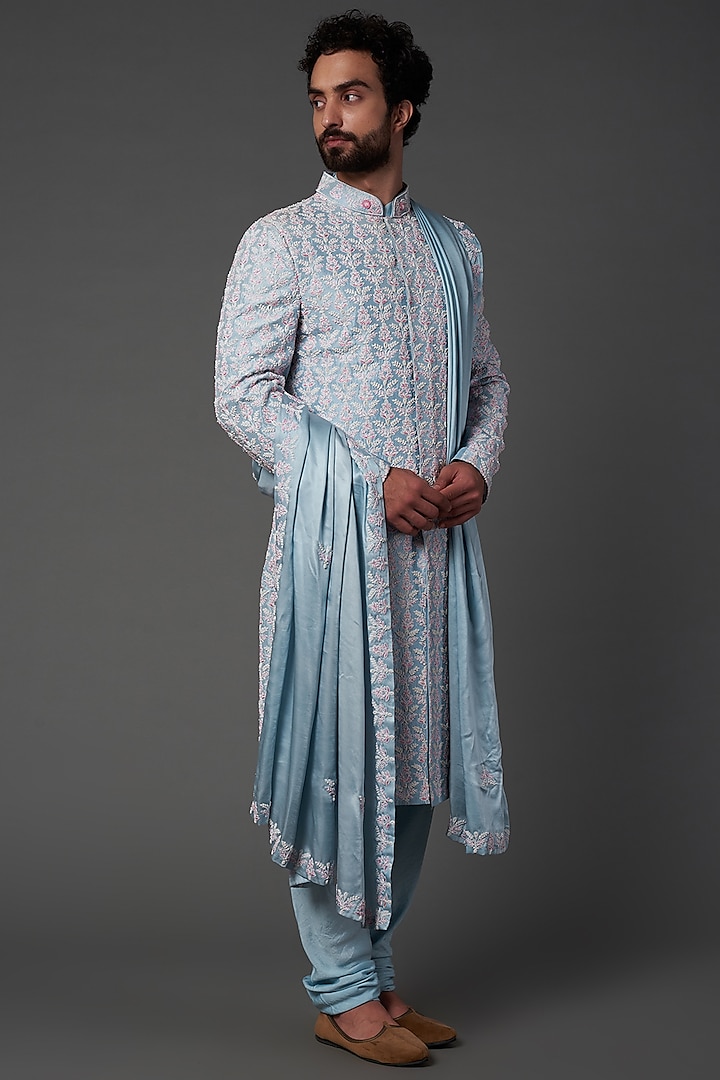 Light Blue Silk Embroidered Sherwani Set by NAMAN AHUJA