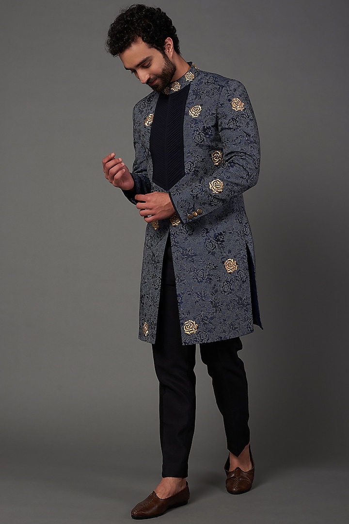 Blue Floral Embroidered Indo-Western Jacket Set by NAMAN AHUJA