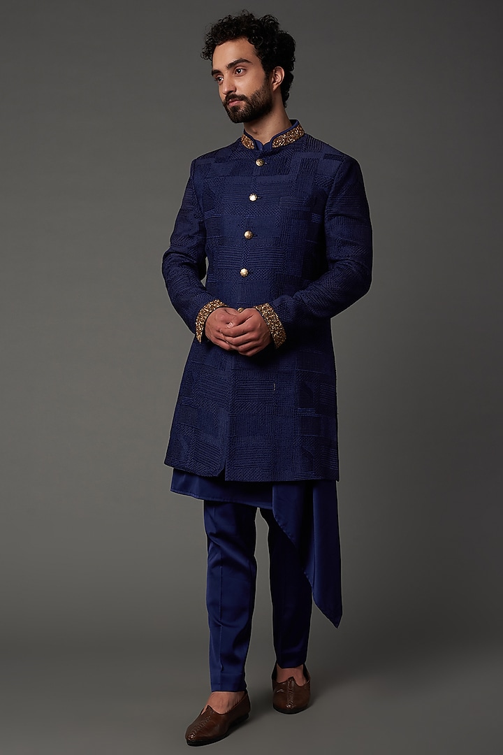 Navy Blue Silk Embroidered Indo Western Set by NAMAN AHUJA
