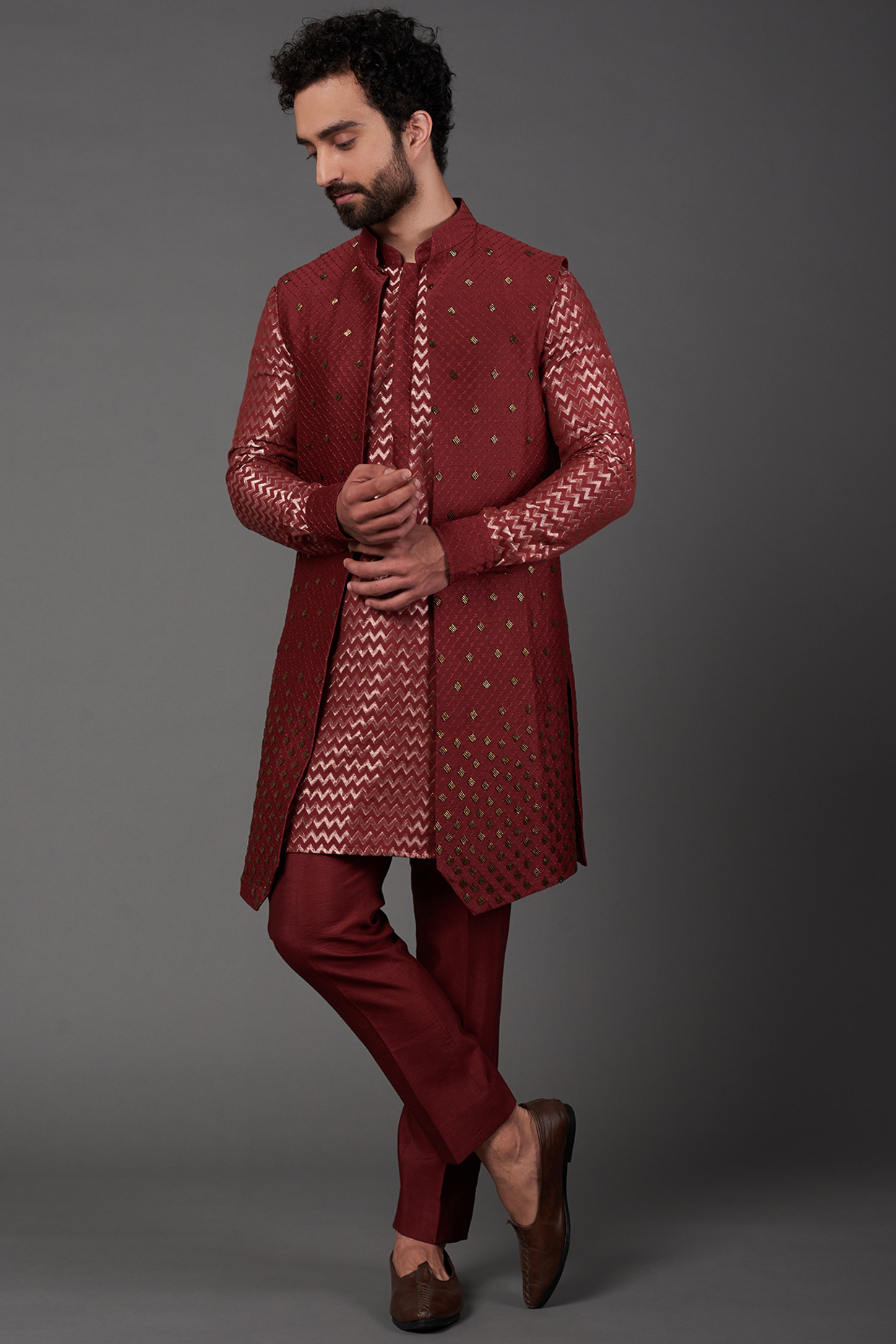 Maroon Chanderi Kurta Set With Bundi Jacket by NAMAN AHUJA