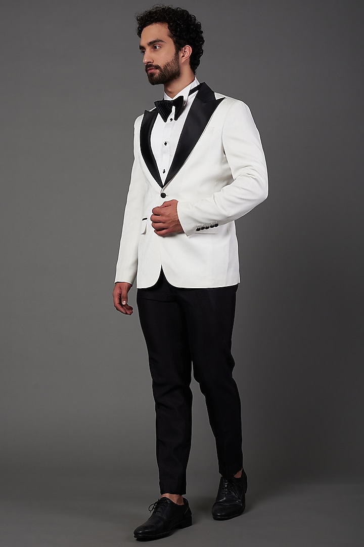 White Jacquard Tuxedo Set by NAMAN AHUJA