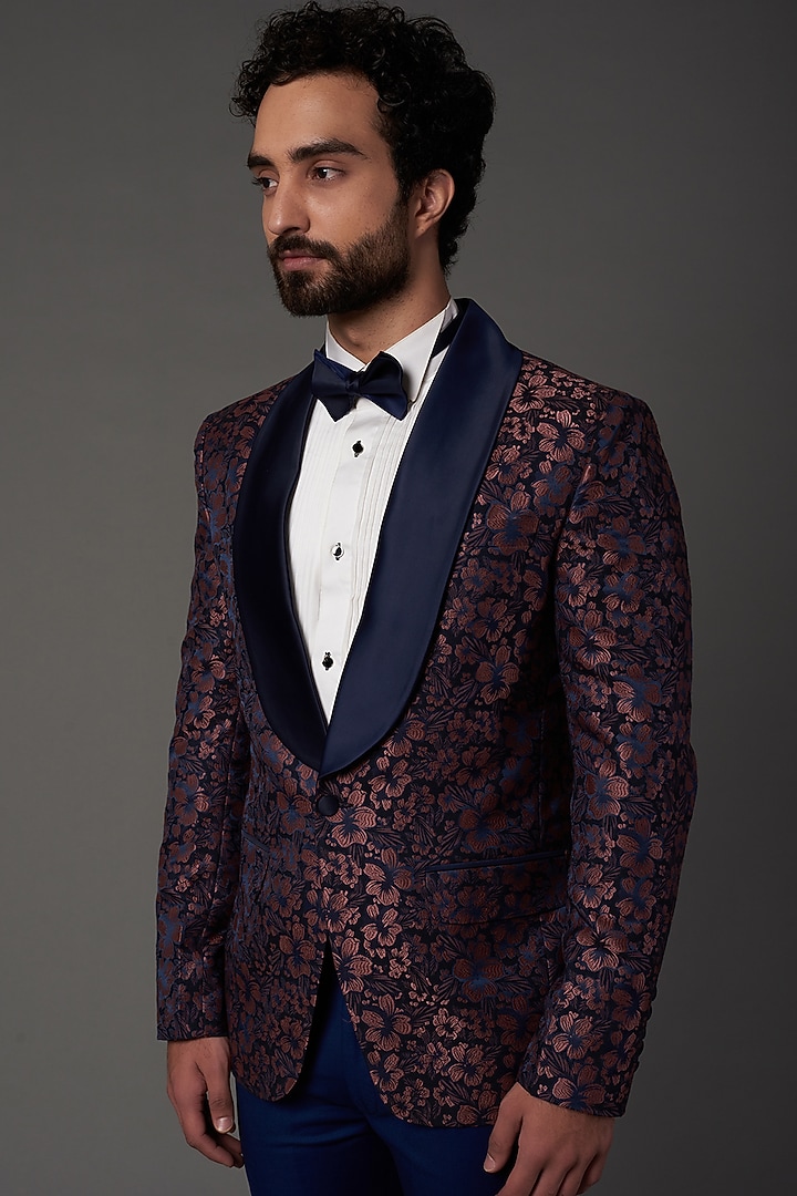 Blue Jacquard Floral Tuxedo Set by NAMAN AHUJA at Pernia's Pop Up Shop