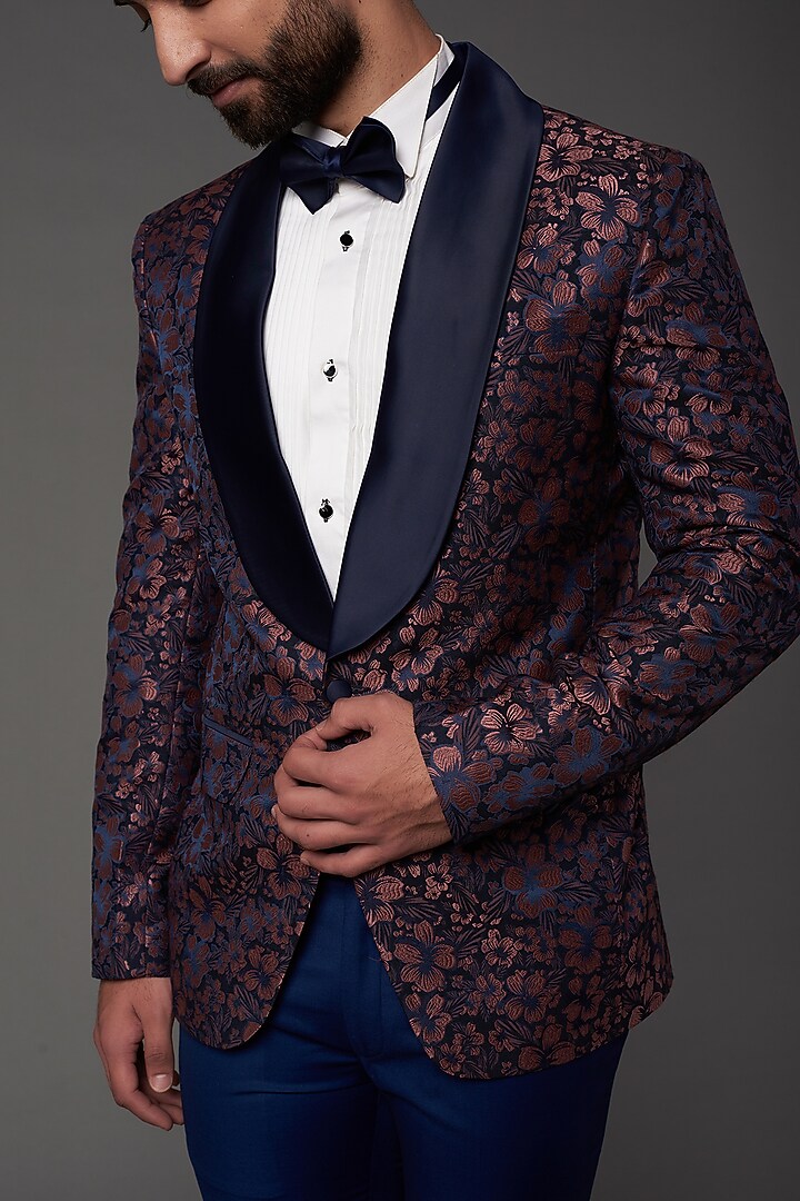 Blue Jacquard Floral Tuxedo Set by NAMAN AHUJA at Pernia's Pop Up Shop