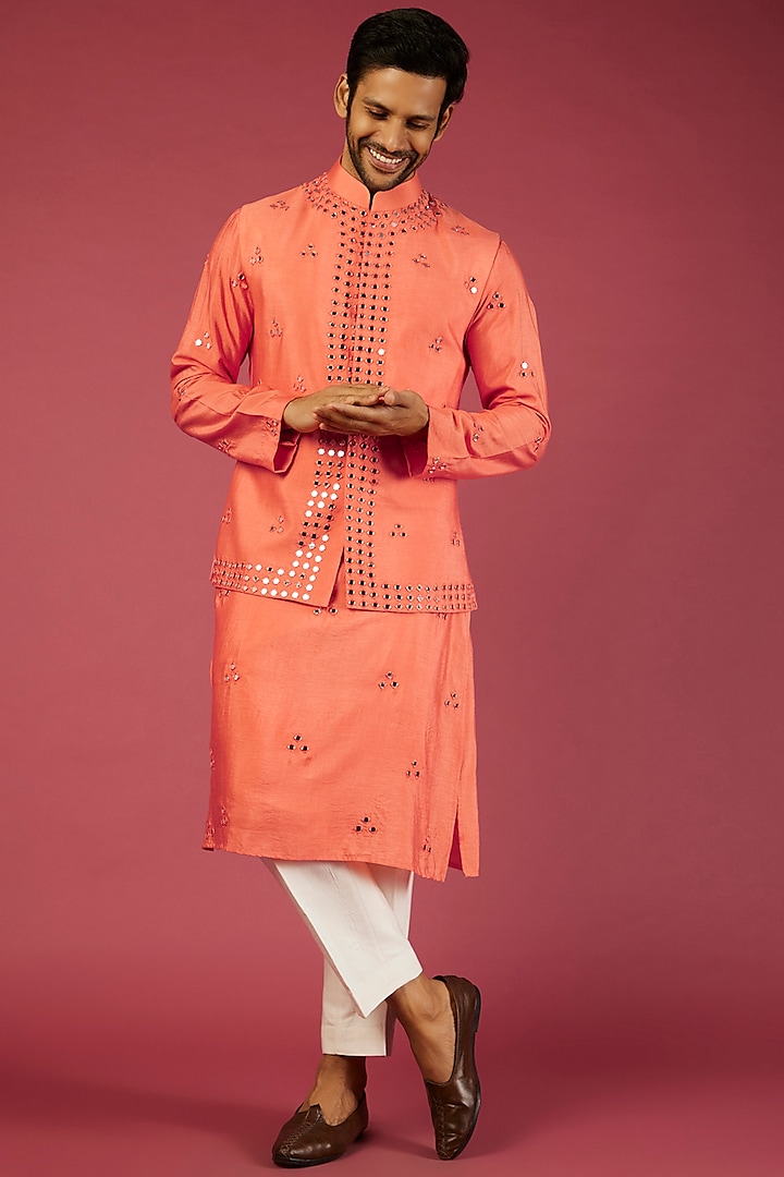 Peach Silk Nehru Jacket With Kurta Set by NAMAN AHUJA