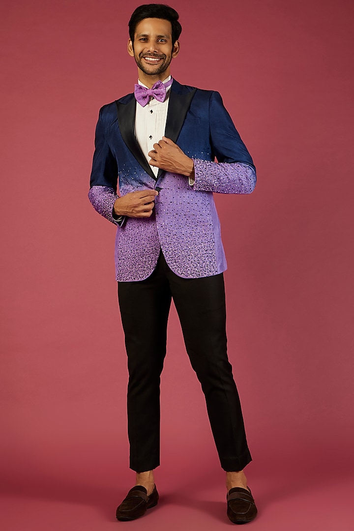 Blue & Lavender Ombre Silk Tuxedo Set by NAMAN AHUJA