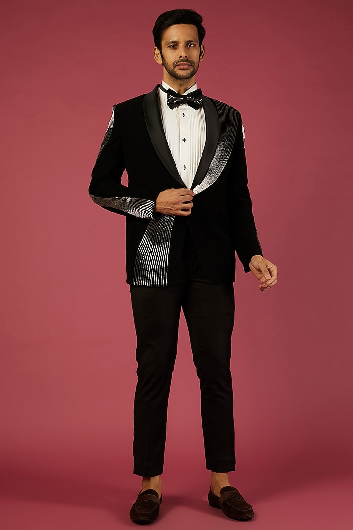 Black Poly Hand Embroidered Tuxedo Set by NAMAN AHUJA