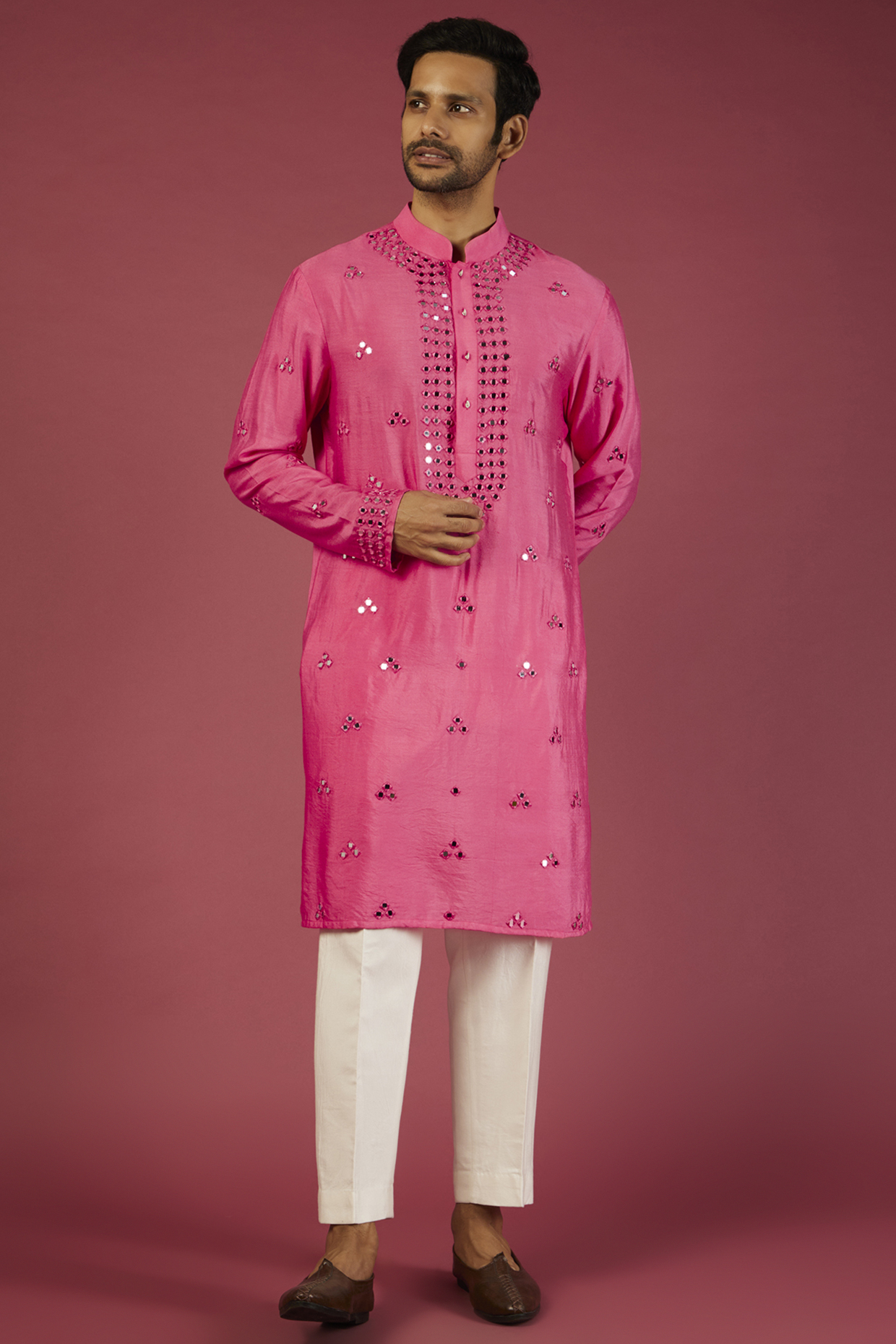 Pink Silk Kurta Set by NAMAN AHUJA