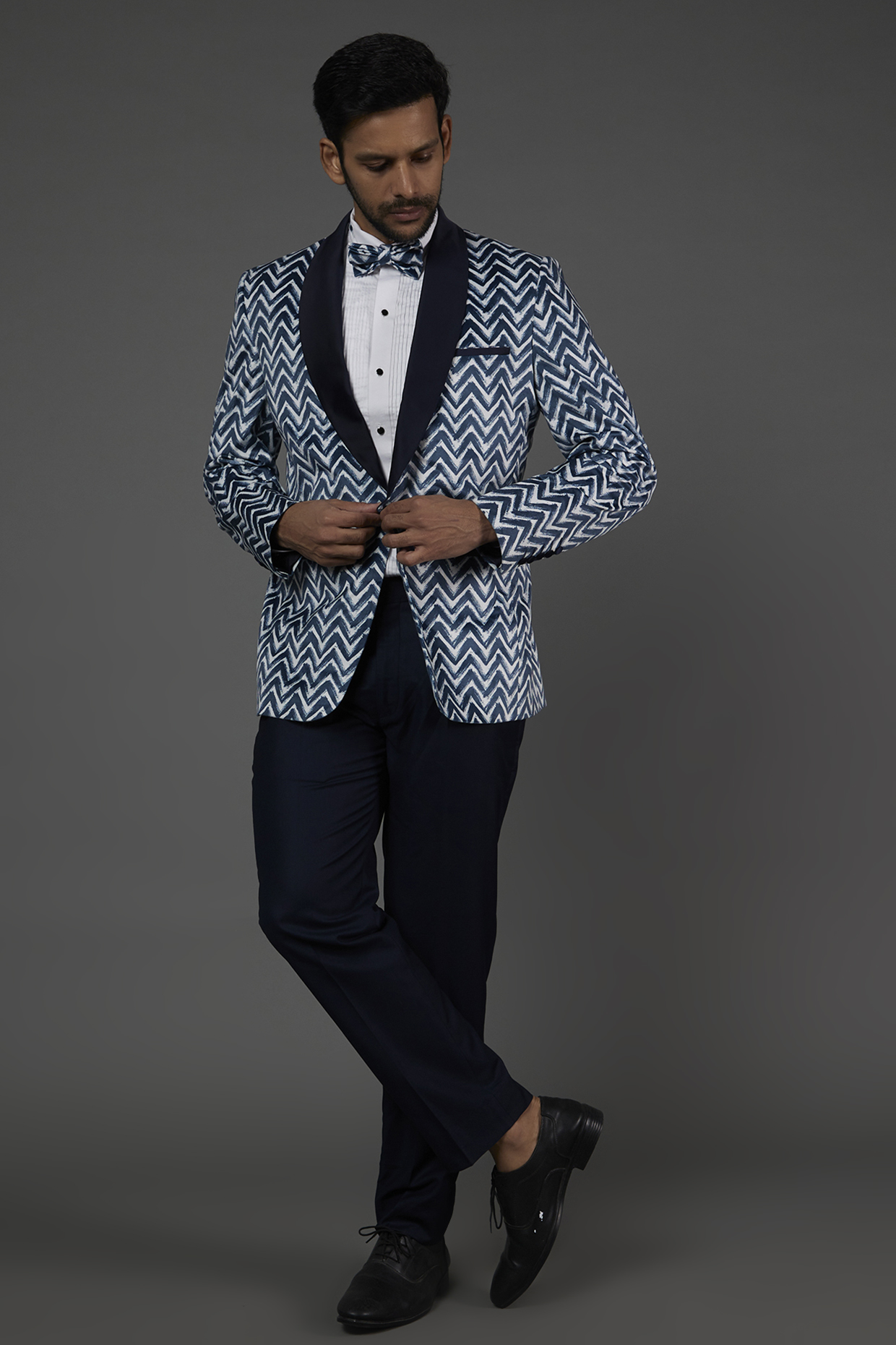 Blue & White Velvet Tuxedo Set by NAMAN AHUJA