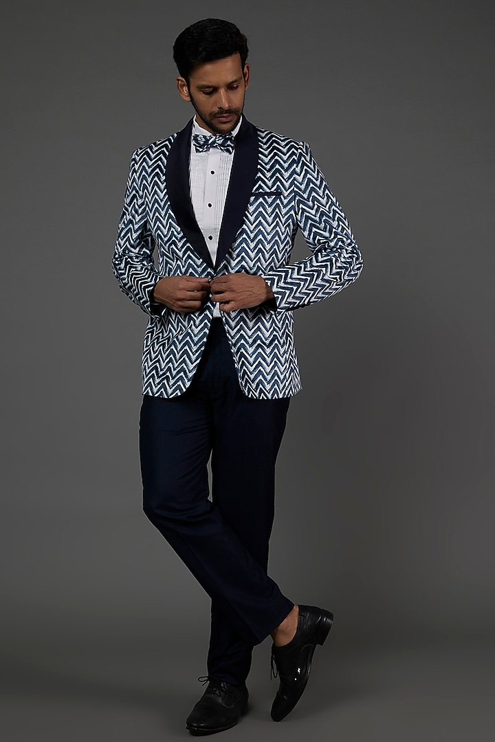Blue & White Velvet Tuxedo Set by NAMAN AHUJA