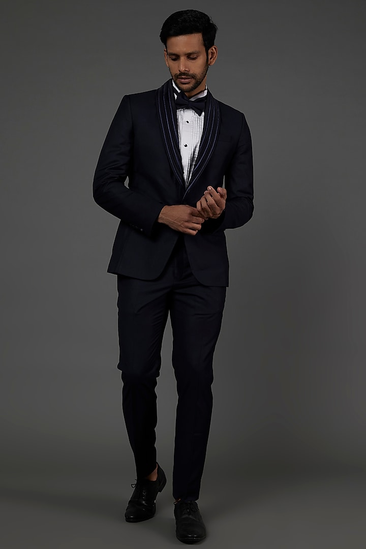 Navy Blue Embroidered Tuxedo Set by NAMAN AHUJA at Pernia's Pop Up Shop