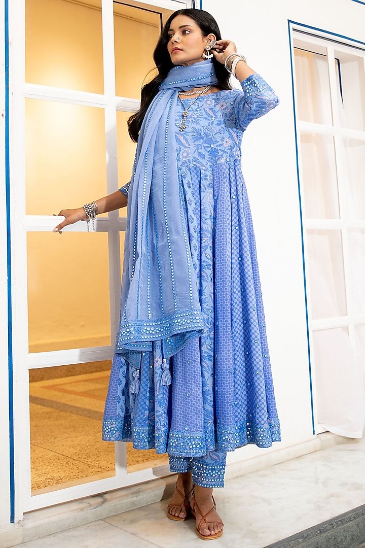 Blue Printed & Embroidered Anarkali Set by Naav By avneet