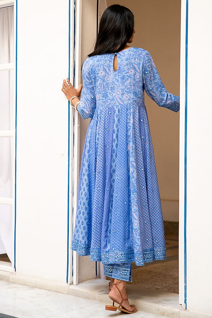 Blue Printed & Embroidered Party Wear Anarkali Set by Naav By avneet at Pernia's Pop Up Shop