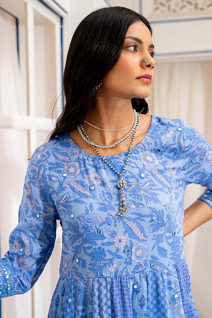 Blue Printed & Embroidered Party Wear Anarkali Set by Naav By avneet at Pernia's Pop Up Shop