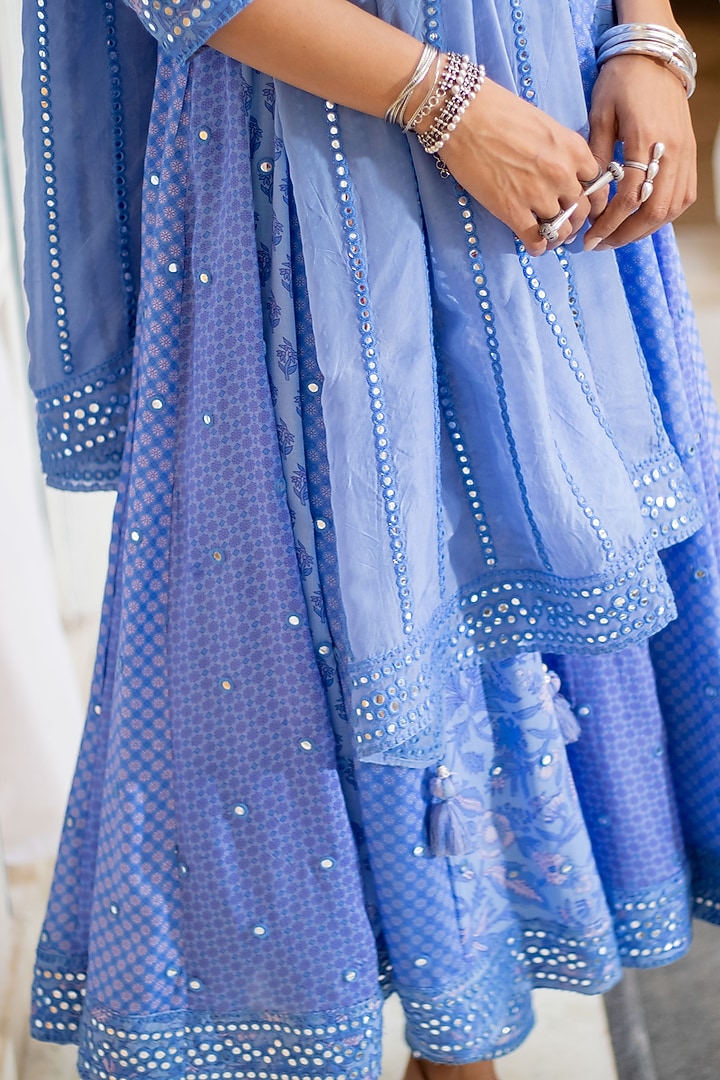 Blue Printed & Embroidered Party Wear Anarkali Set by Naav By avneet at Pernia's Pop Up Shop