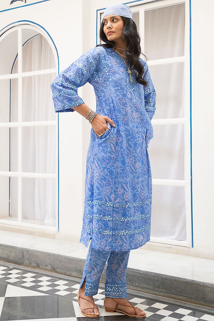 Blue Viscose Embroidered Kurta Set by Naav By avneet