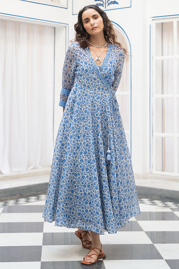 Blue Organza Embroidered Dress by Naav By avneet