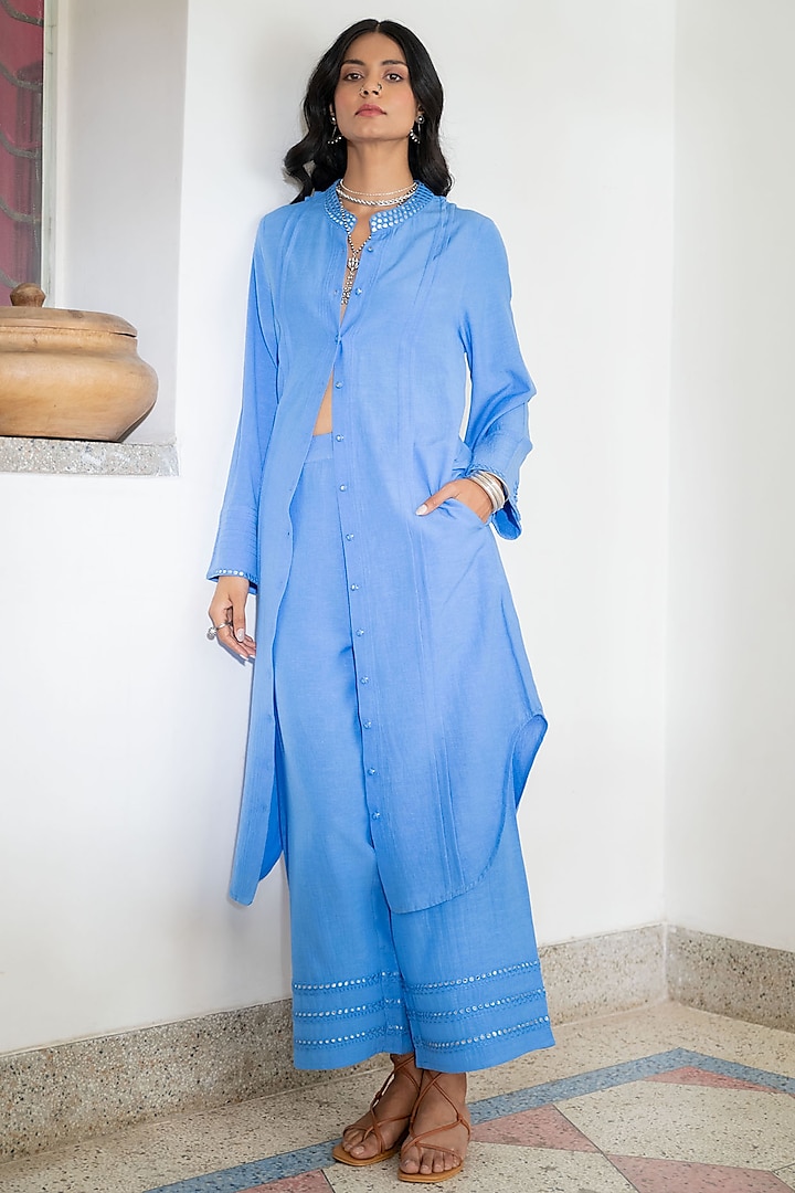 Blue Viscose Embroidered Shirt Dress by Naav By avneet