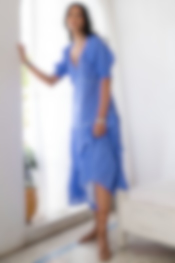 Blue Viscose Tiered Midi Dress by Naav by Avneet