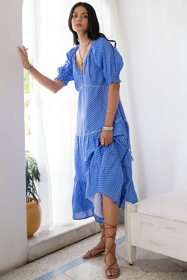 Blue Viscose Tiered Midi Dress by Naav by Avneet