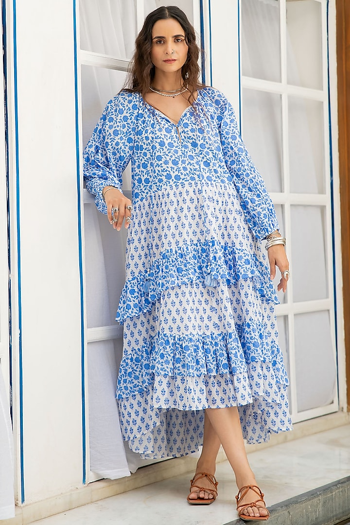 Blue Cotton Asymmetrical Printed Dress by Naav by Avneet