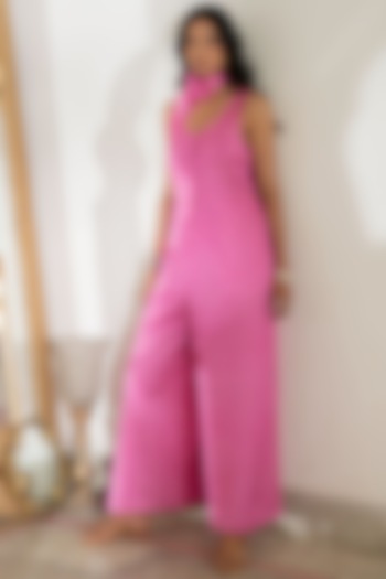 Pink Viscose Printed Jumpsuit by Naav by Avneet