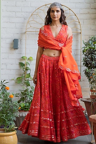 Orange Printed Lehenga Set by Naav by Avneet