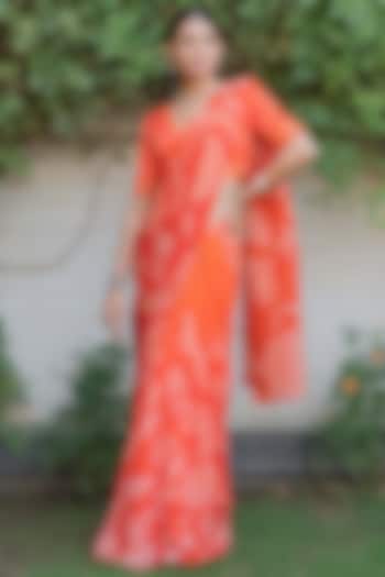 Orange Satin Printed Saree Set by Naav by Avneet