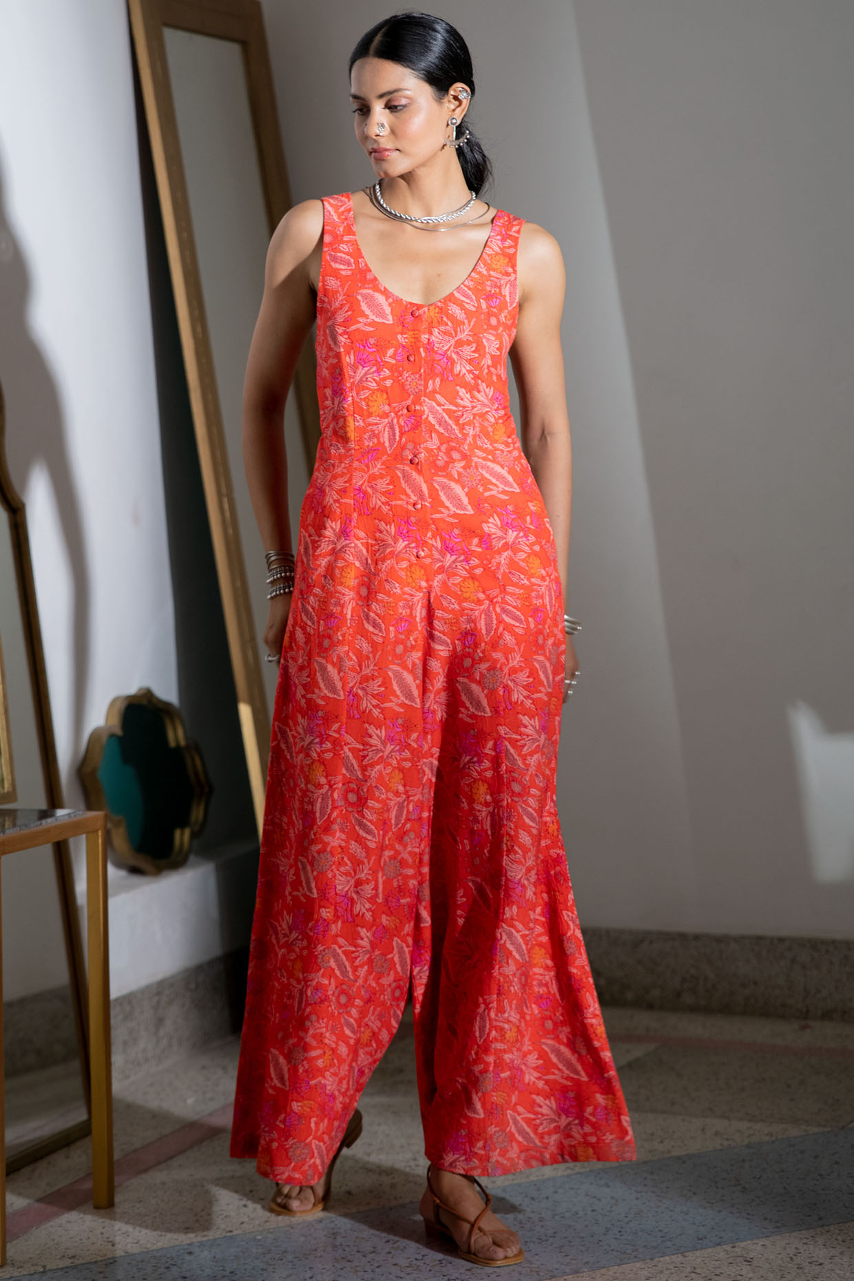 orange print jumpsuit