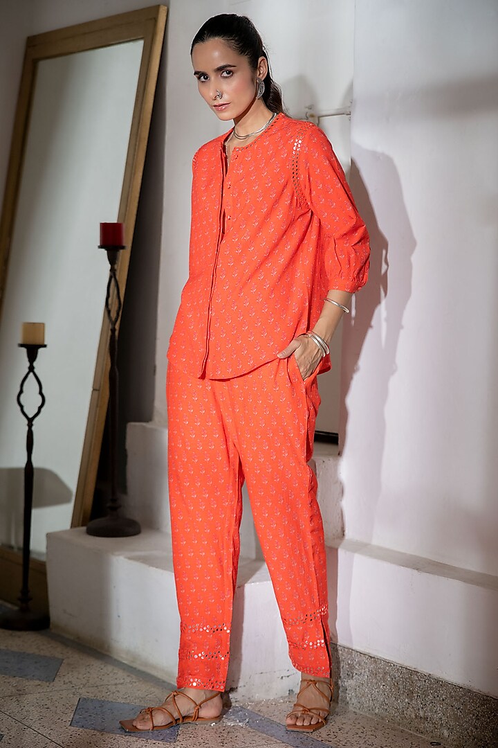 Orange Printed & Embroidered Palazzo Pants by Naav by Avneet