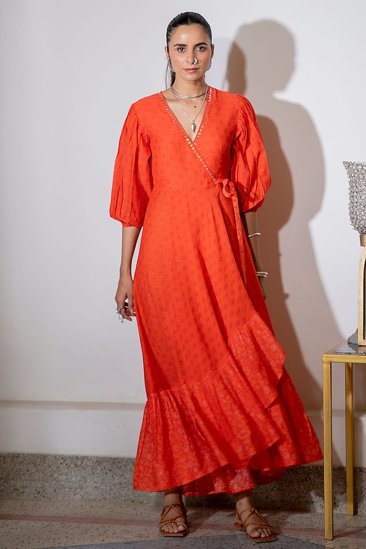 Orange Printed & Embroidered Wrap Dress by Naav by Avneet