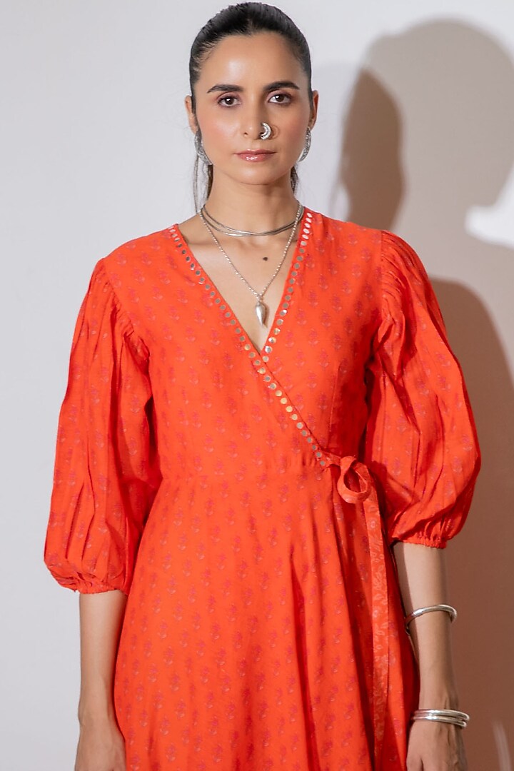 Orange Printed & Embroidered Wrap Summer Dress by Naav by Avneet at Pernia's Pop Up Shop